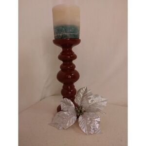 Wooden Glaze Candle Holder Burgundy Decorative‎ Pillar Large 11" Christmas Decor